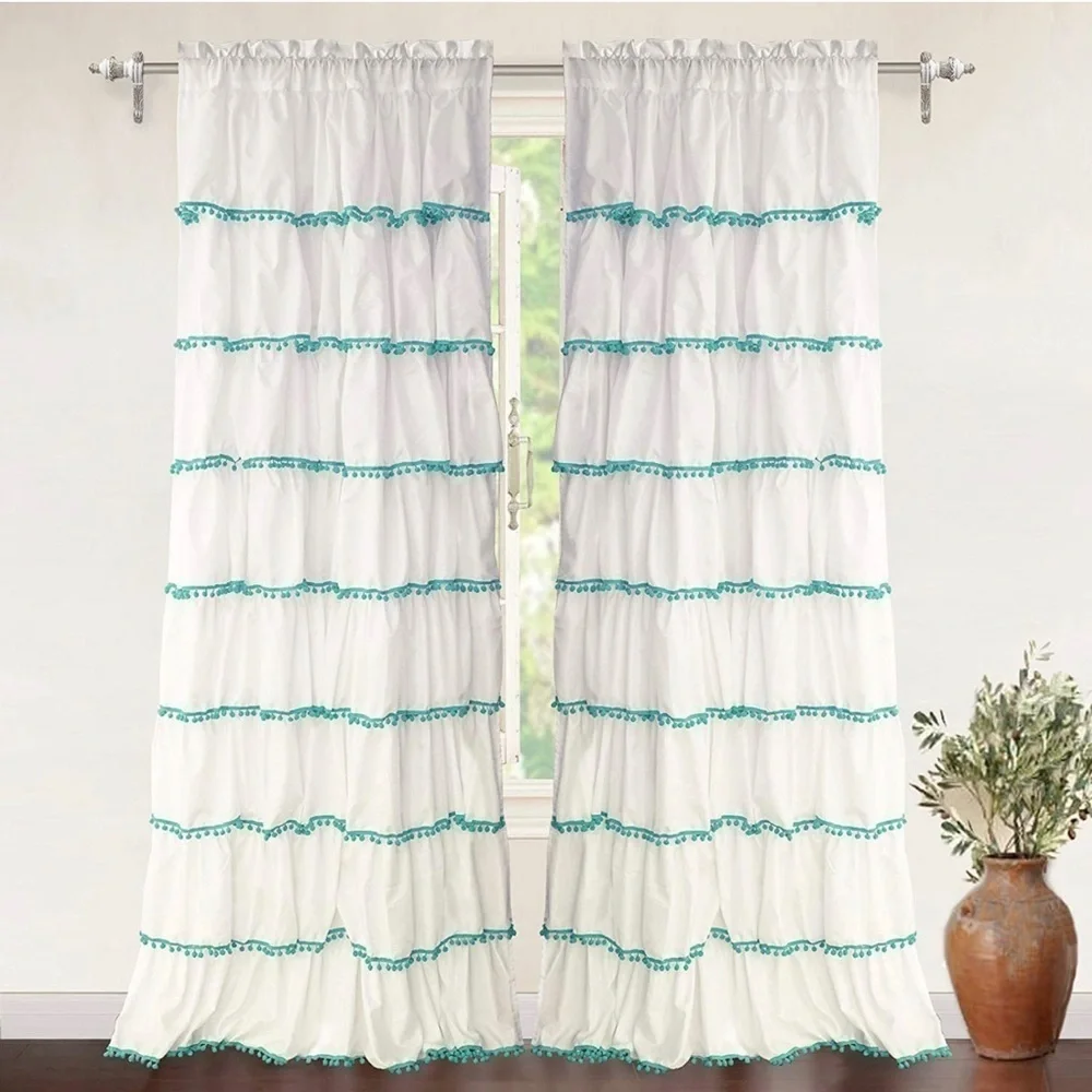 White and teal Pom Pom Curtains